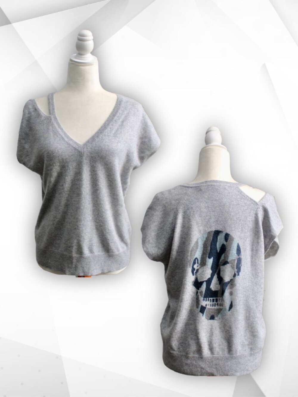 360 Cashmere Gray Blue Camo Skull Cashmere Short Sleeve Sweater Size Small